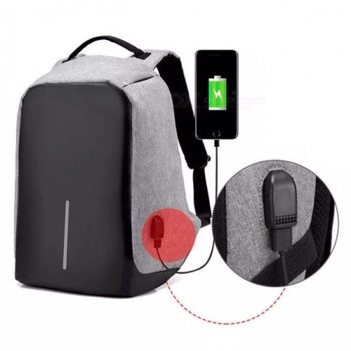 MOCHILA ANTIRROBO IMPERMEABLE CON PUERTO DE CARGA USB NEGRA Y GRIS MD